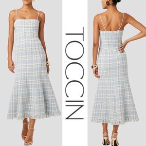 Toccin Sky Blue Josephine sculpted Midi Dress with fringe*NWT